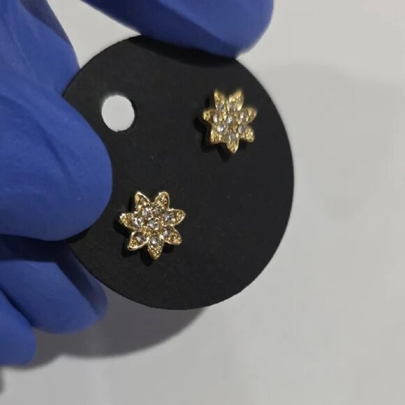 Gold Flower Stud Earrings with Crystal Petals – Elegant Dainty Womem's Jewelry - Picture 3 of 8
